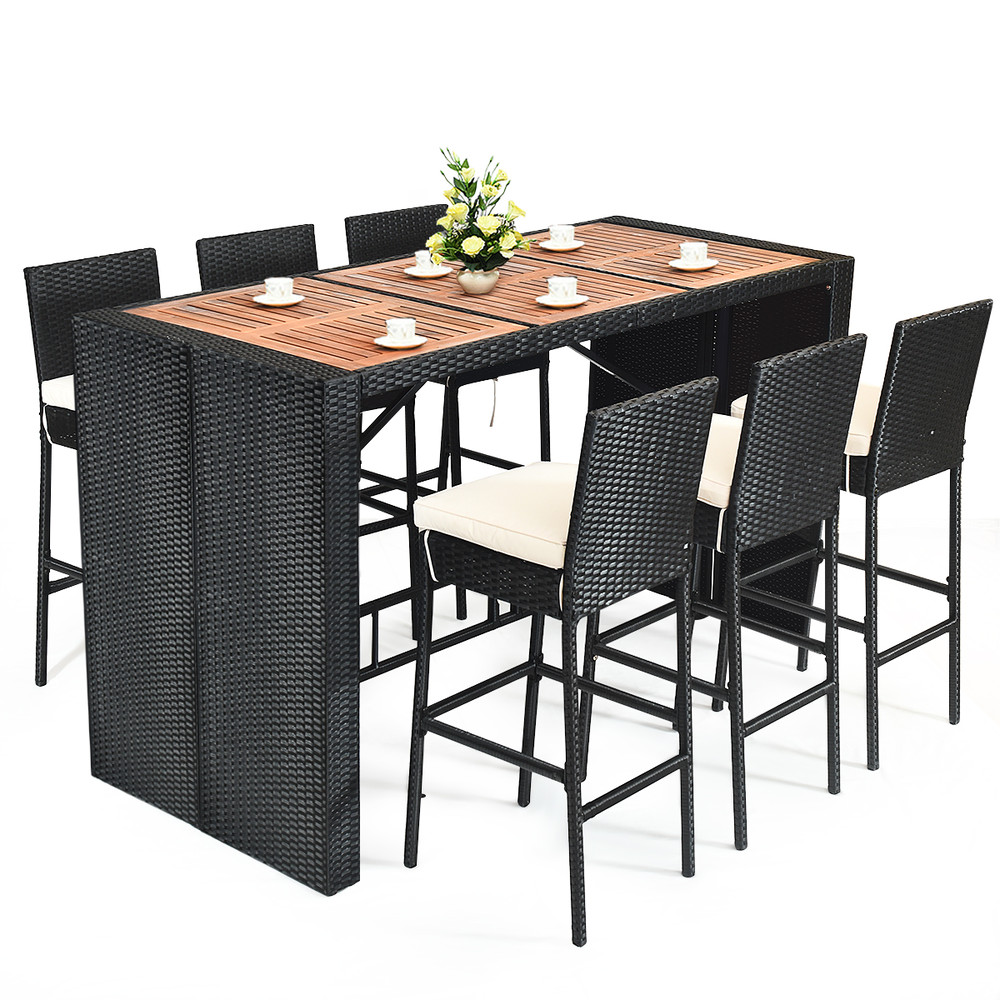 7 Piece Patio Rattan Wicker Dining Furniture Set Outdoor/Indoor Rattan Table & 6 Bar Stools with Cushions