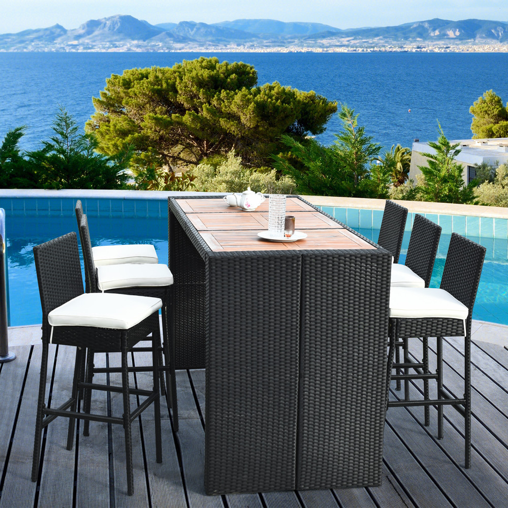 7 Piece Patio Rattan Wicker Dining Furniture Set Outdoor/Indoor Rattan Table & 6 Bar Stools with Cushions