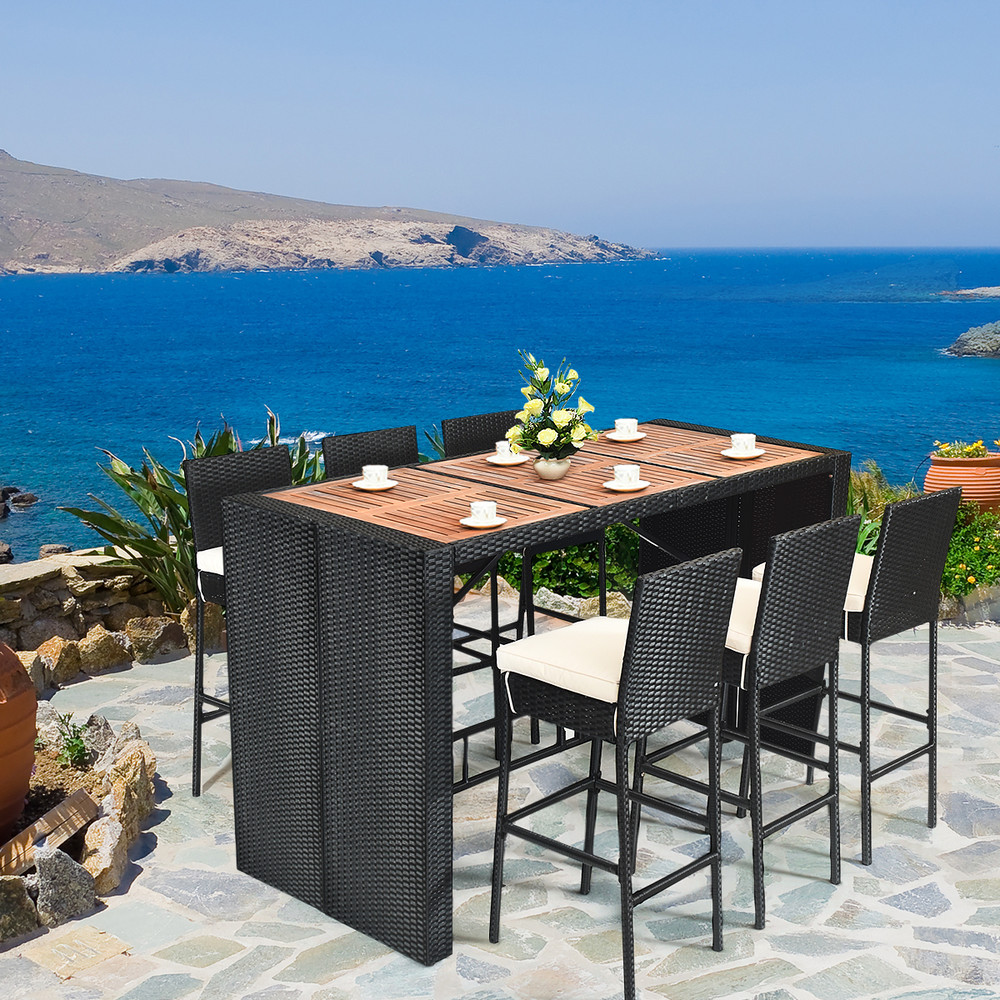 7 Piece Patio Rattan Wicker Dining Furniture Set Outdoor/Indoor Rattan Table & 6 Bar Stools with Cushions