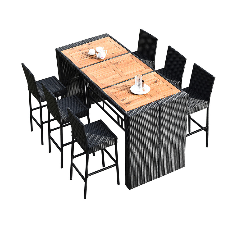 7 Piece Patio Rattan Wicker Dining Furniture Set Outdoor/Indoor Rattan Table & 6 Bar Stools with Cushions
