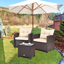 3 pcs patio rattan furniture set with cushioned conversation set & coffee table outdoor lounge set