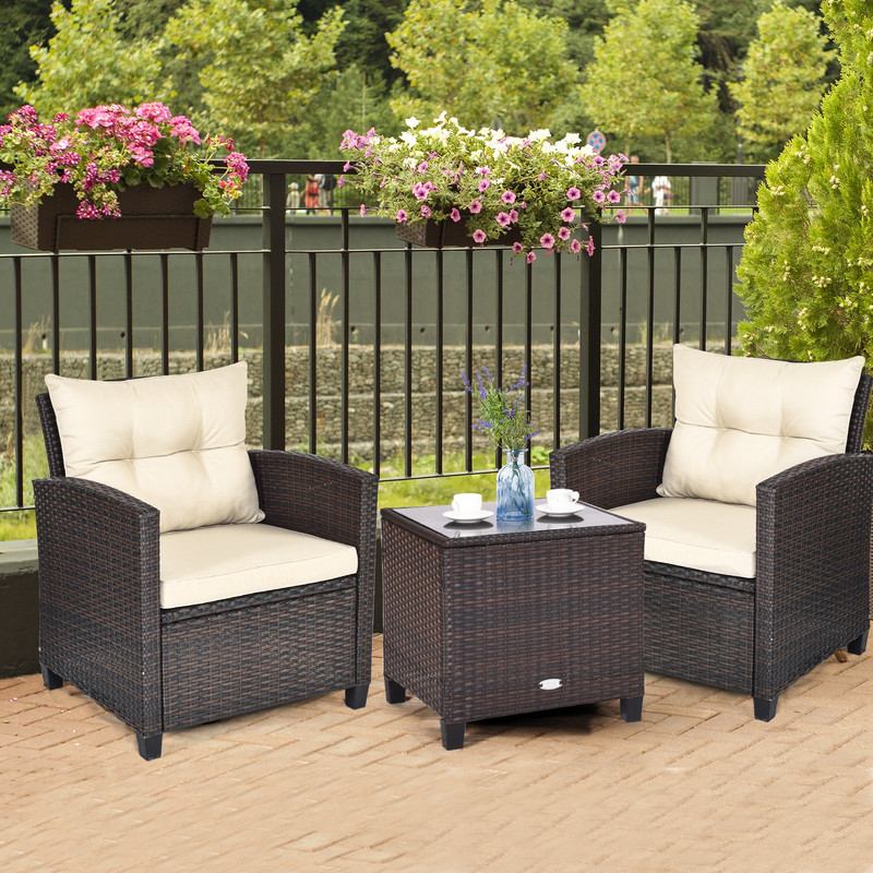 3 Pcs Patio Rattan Furniture Set with Cushioned Conversation Set & Coffee Table Outdoor Lounge Set