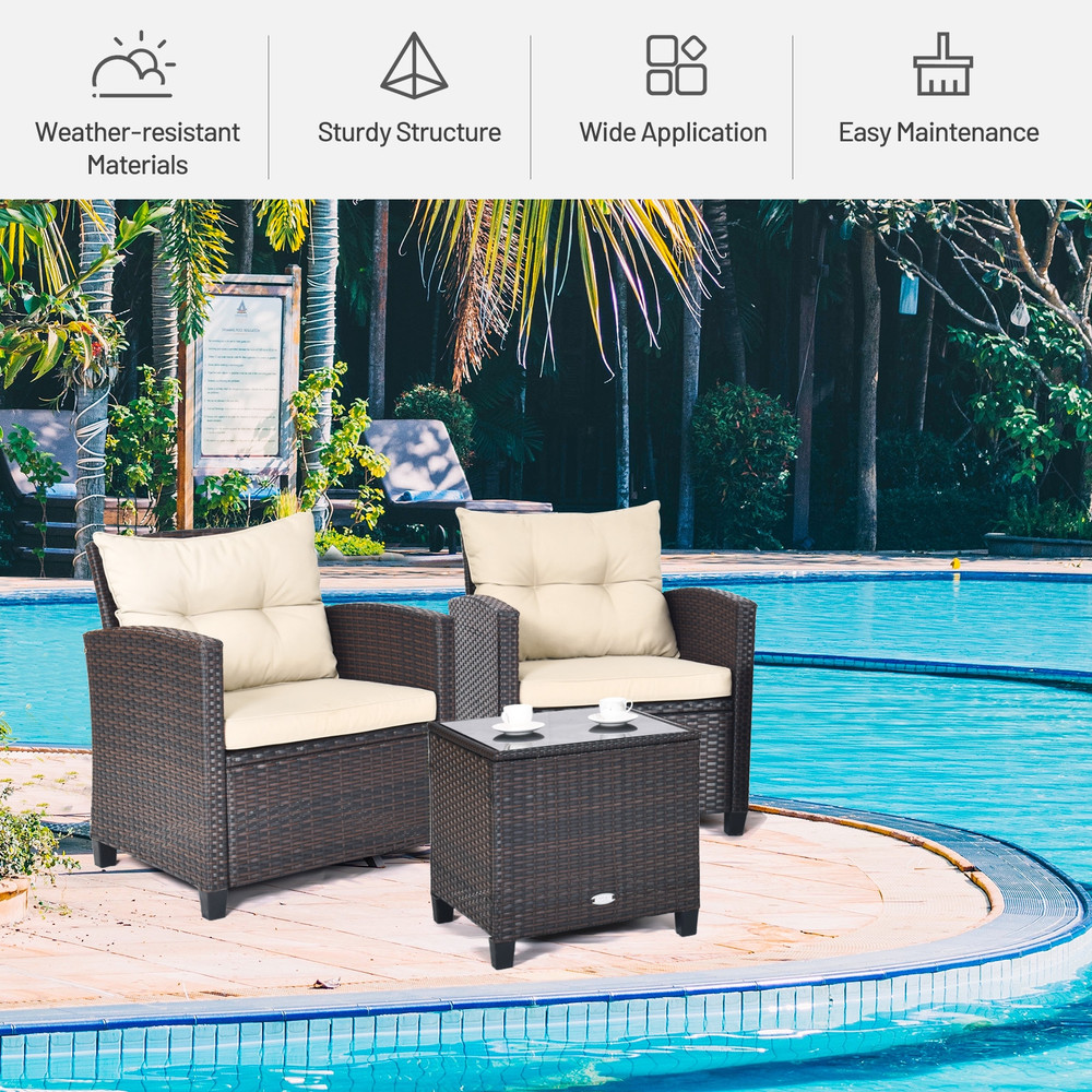 3 Pcs Patio Rattan Furniture Set with Cushioned Conversation Set & Coffee Table Outdoor Lounge Set