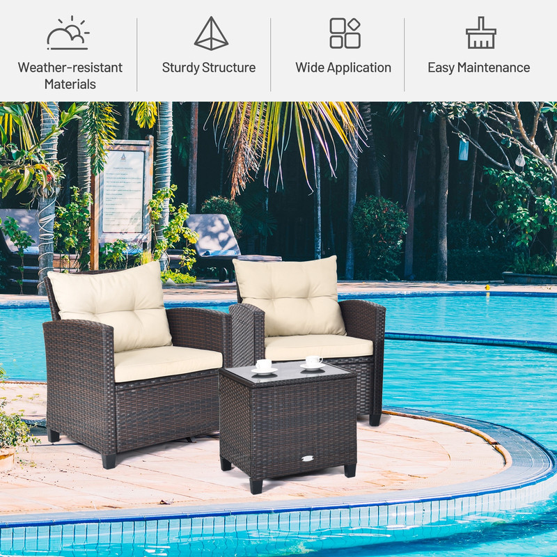 3 Pcs Patio Rattan Furniture Set with Cushioned Conversation Set & Coffee Table Outdoor Lounge Set
