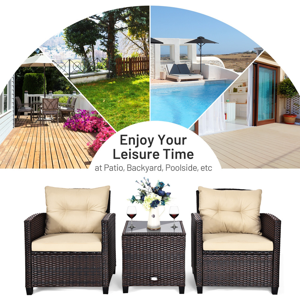 3 Pcs Patio Rattan Furniture Set with Cushioned Conversation Set & Coffee Table Outdoor Lounge Set