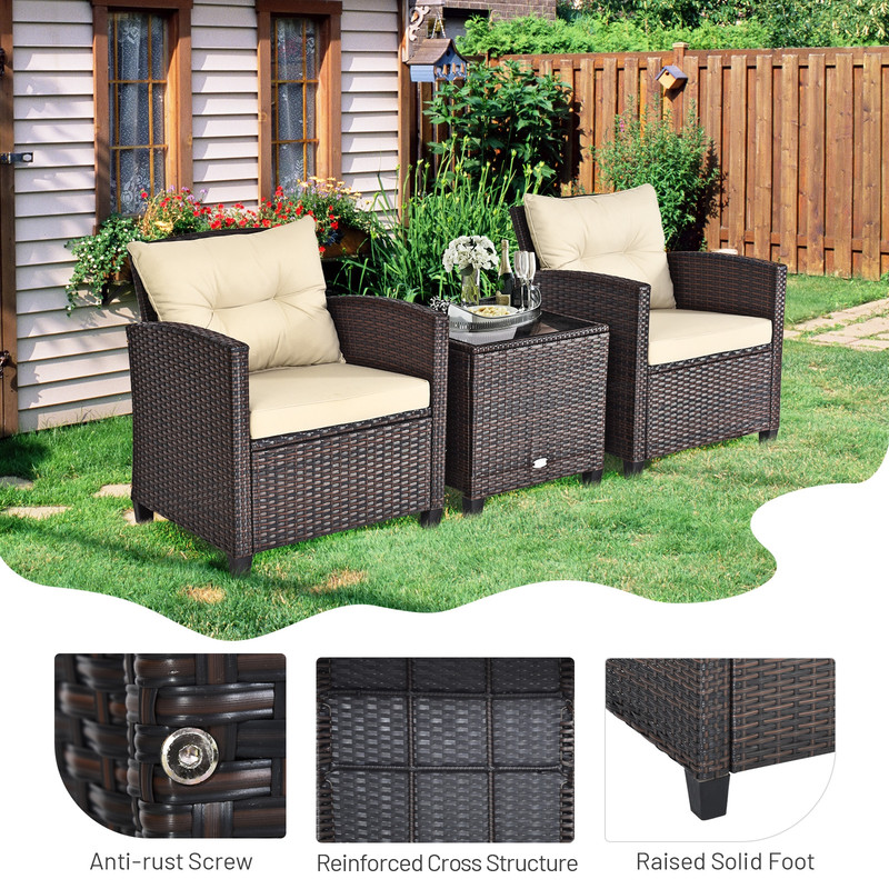 3 Pcs Patio Rattan Furniture Set with Cushioned Conversation Set & Coffee Table Outdoor Lounge Set