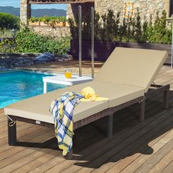 outdoor rattan adjustable cushioned chaise lounge with removable pillow & 6 reclining positions