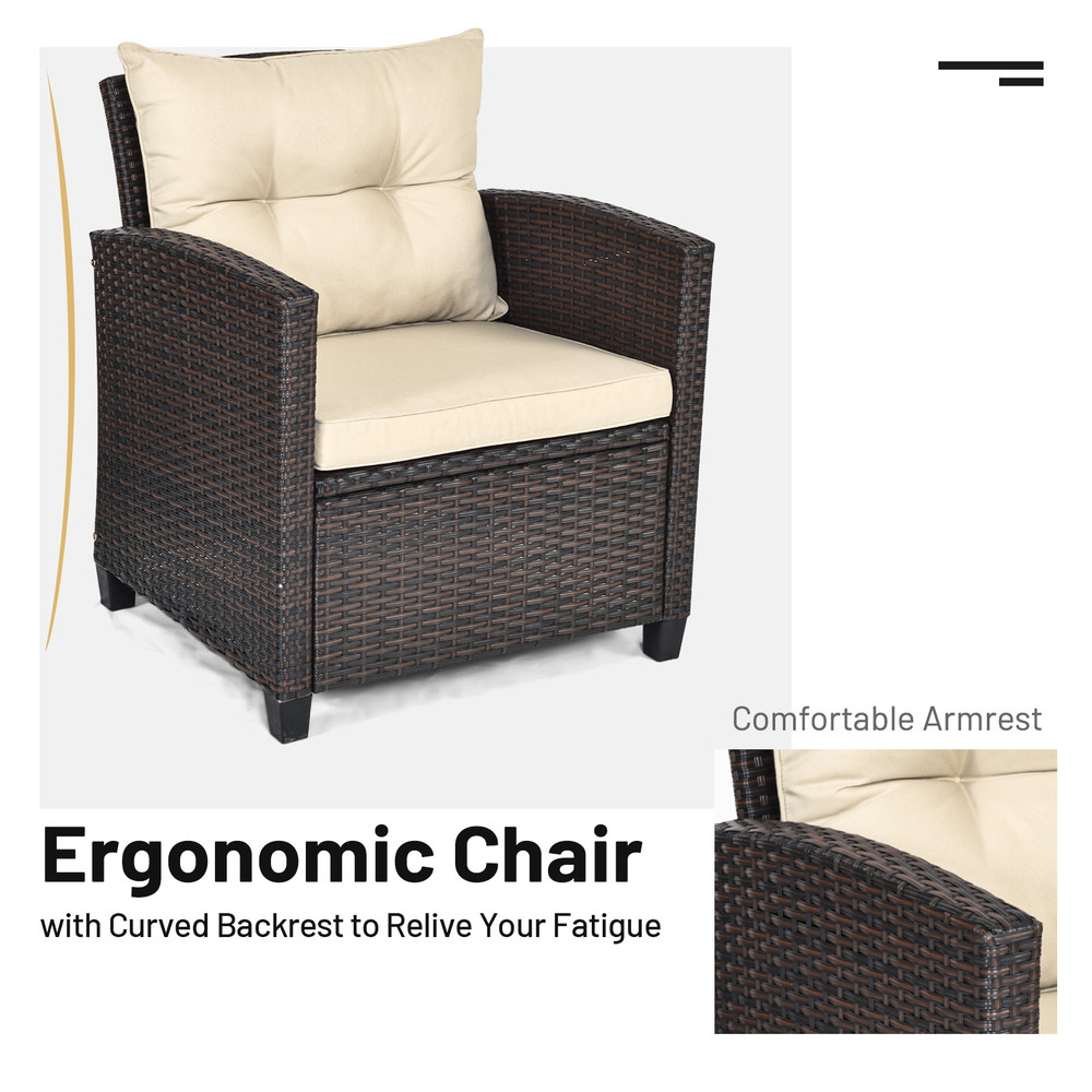 3 Pcs Patio Rattan Furniture Set with Cushioned Conversation Set & Coffee Table Outdoor Lounge Set