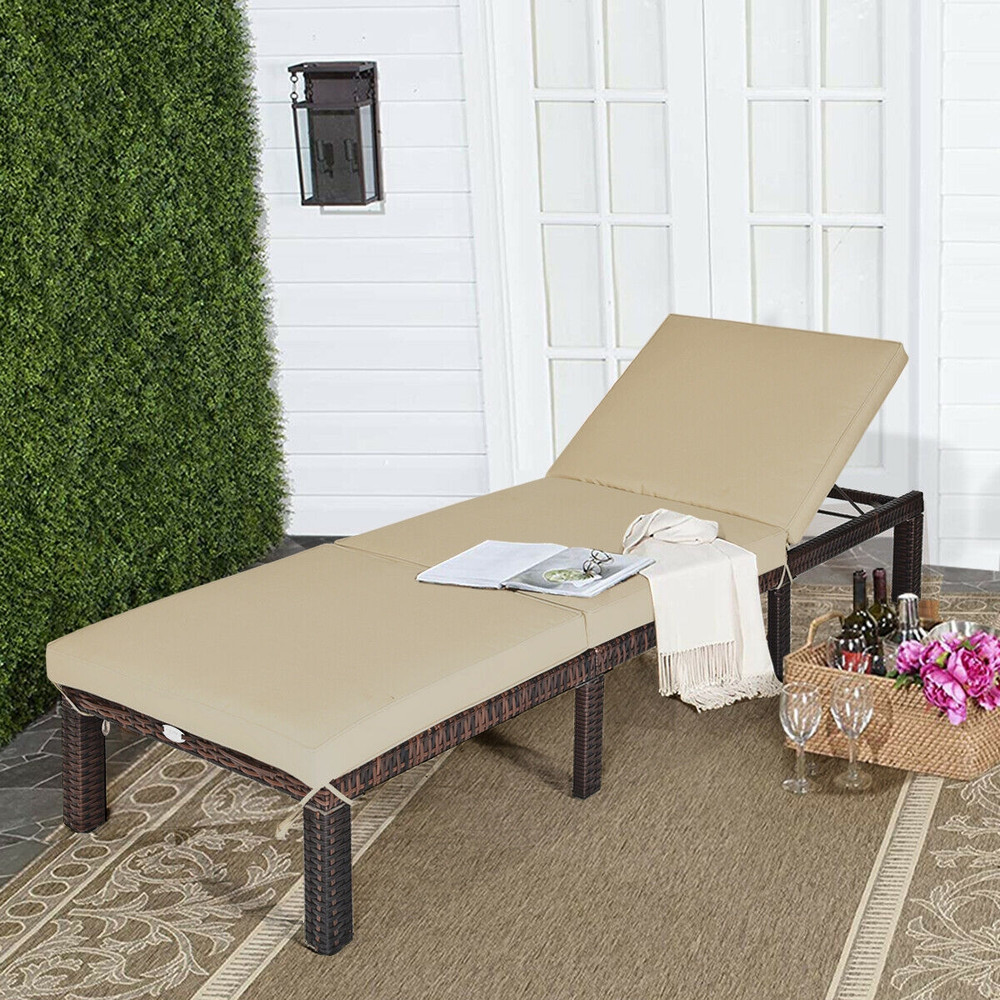 Outdoor Rattan Adjustable Cushioned Chaise Lounge with Removable Pillow & 6 Reclining Positions