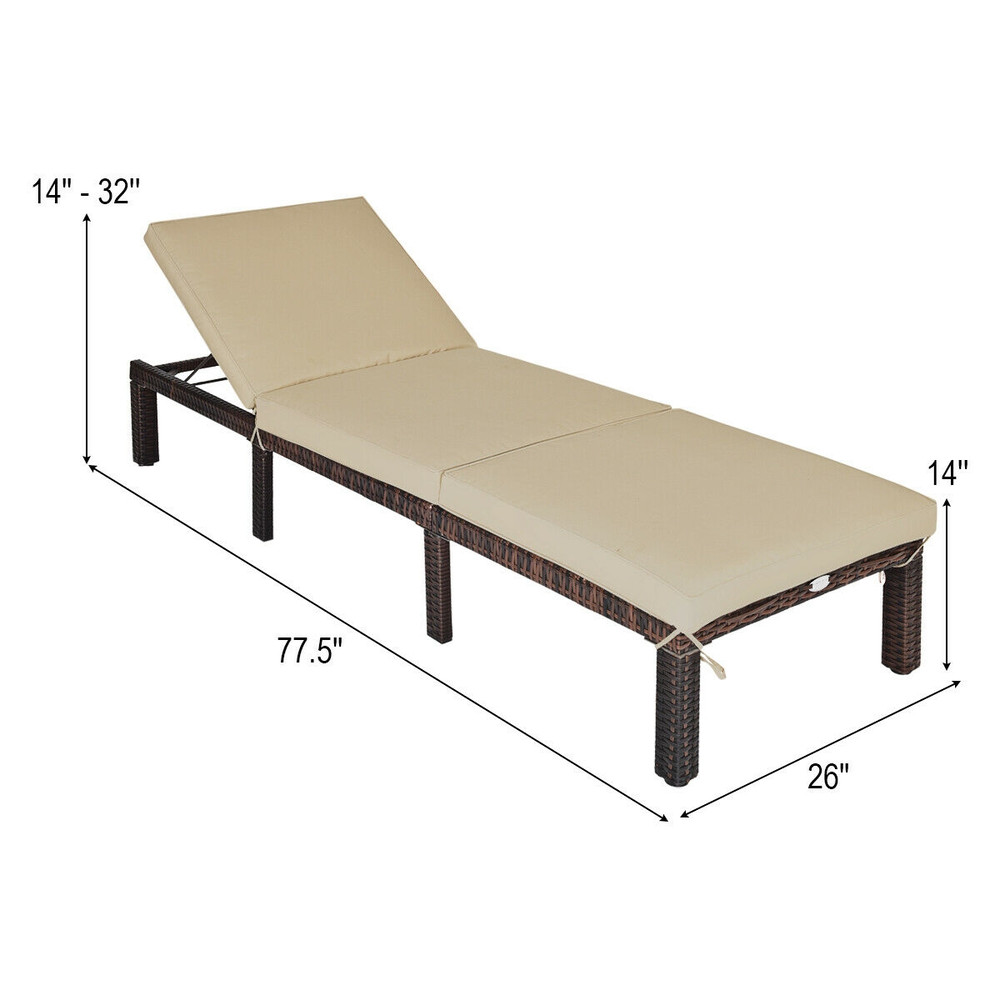 Outdoor Rattan Adjustable Cushioned Chaise Lounge with Removable Pillow & 6 Reclining Positions