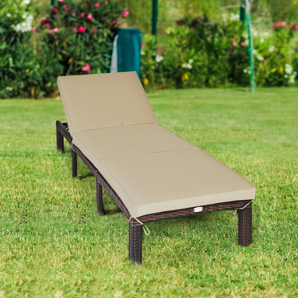 Outdoor Rattan Adjustable Cushioned Chaise Lounge with Removable Pillow & 6 Reclining Positions