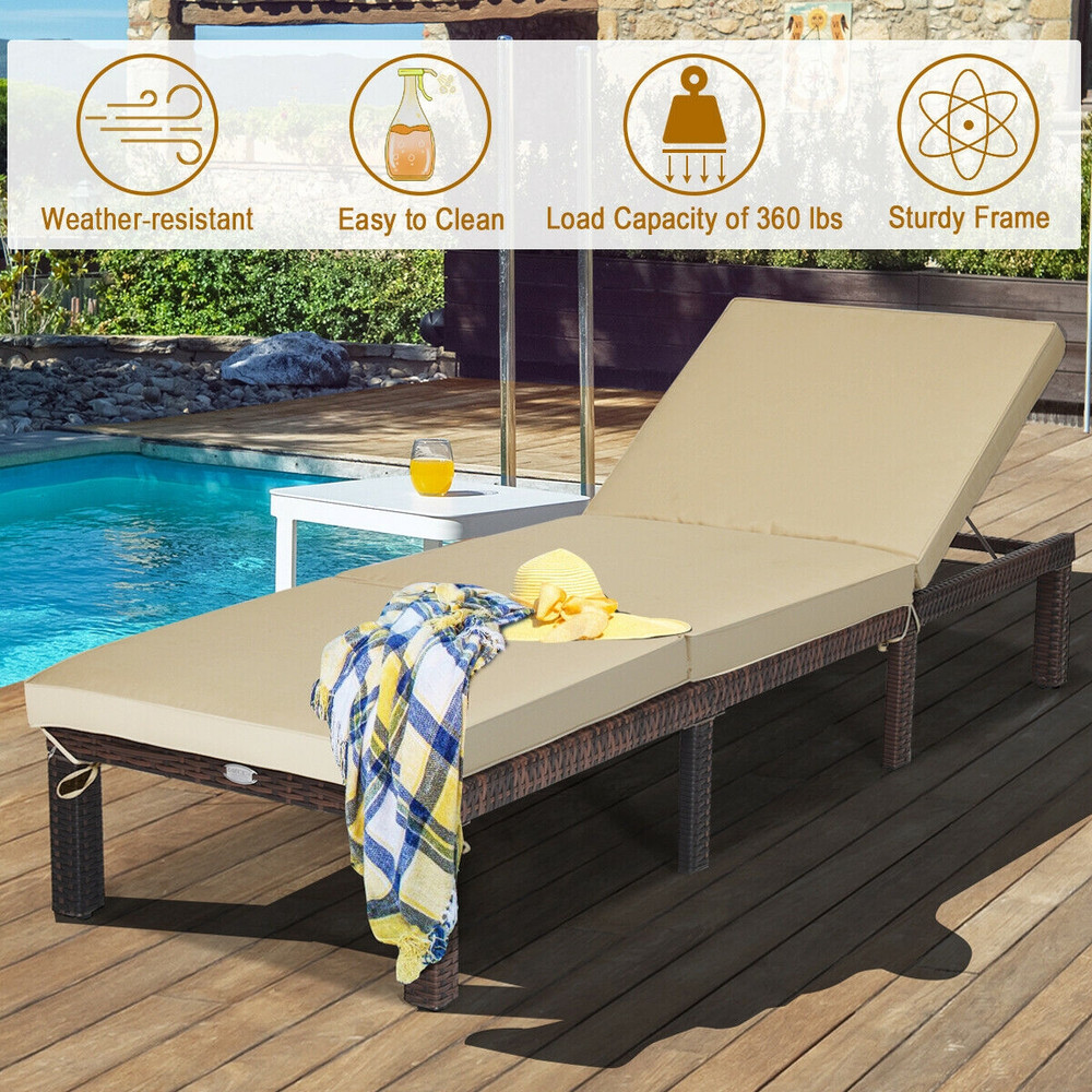 Outdoor Rattan Adjustable Cushioned Chaise Lounge with Removable Pillow & 6 Reclining Positions