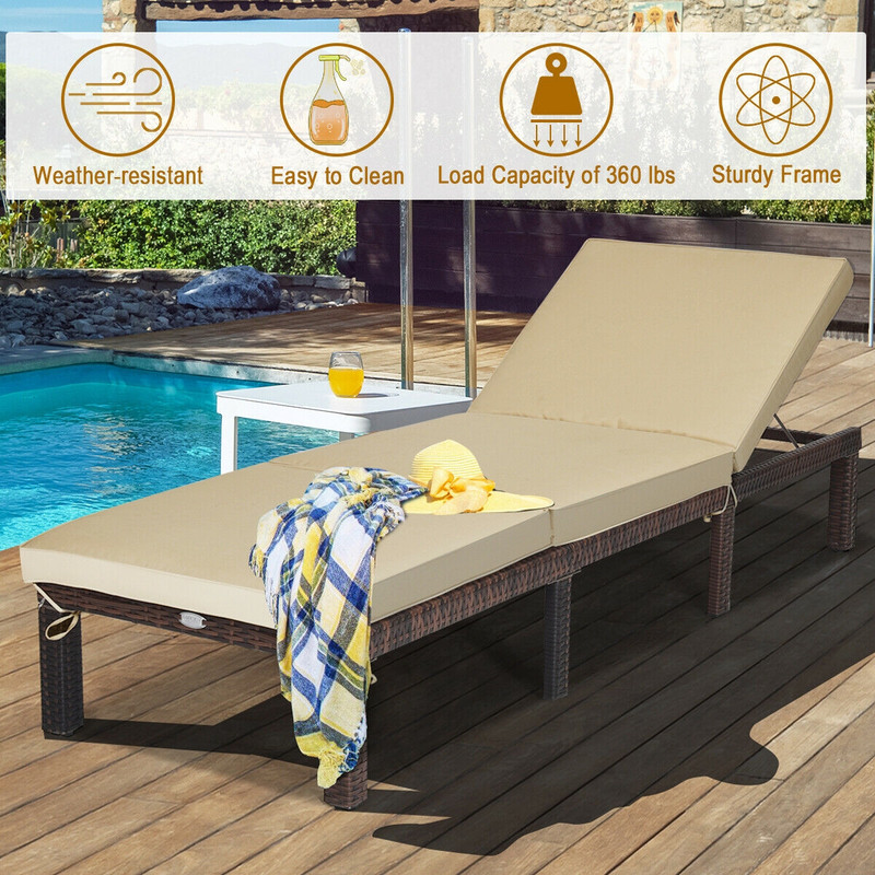Outdoor Rattan Adjustable Cushioned Chaise Lounge with Removable Pillow & 6 Reclining Positions