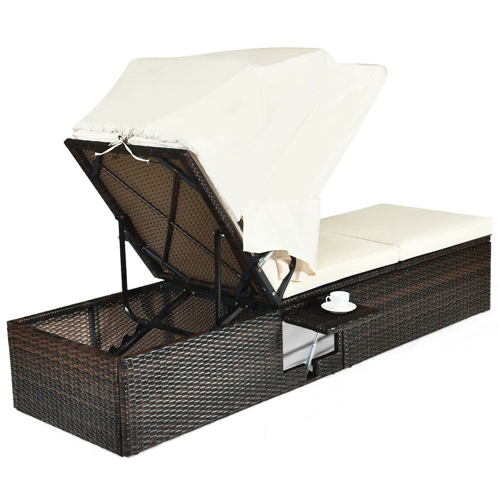 Chaise Cushioned Top Canopy Patio Rattan Lounge Chair with Tea Table Adjustable & Weather Resistant