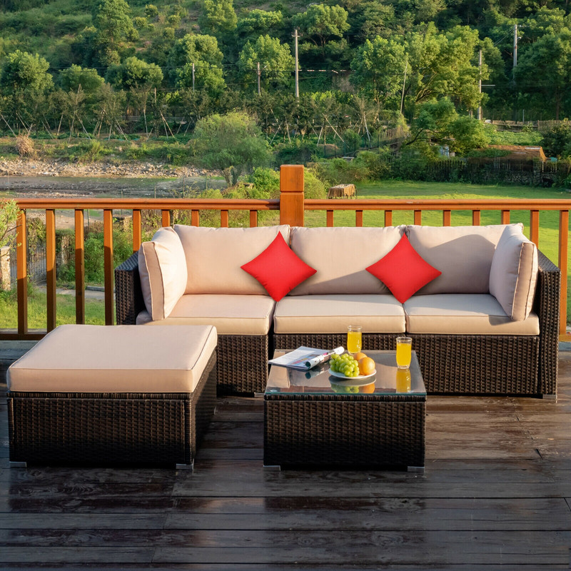 5Piece Outdoor Patio Rattan Furniture Set Sectional Conversation Set With Cushions  Coffee Table 0