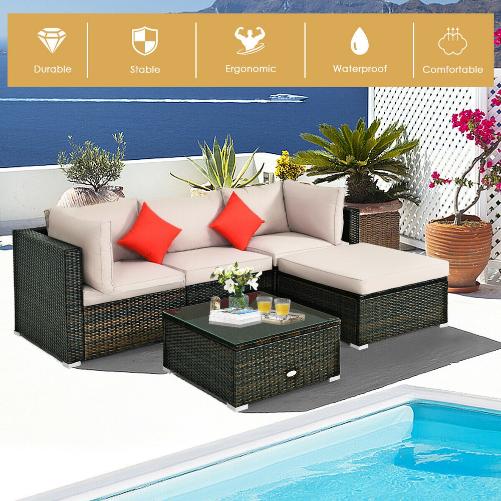 5Piece Outdoor Patio Rattan Furniture Set Sectional Conversation Set With Cushions  Coffee Table 3