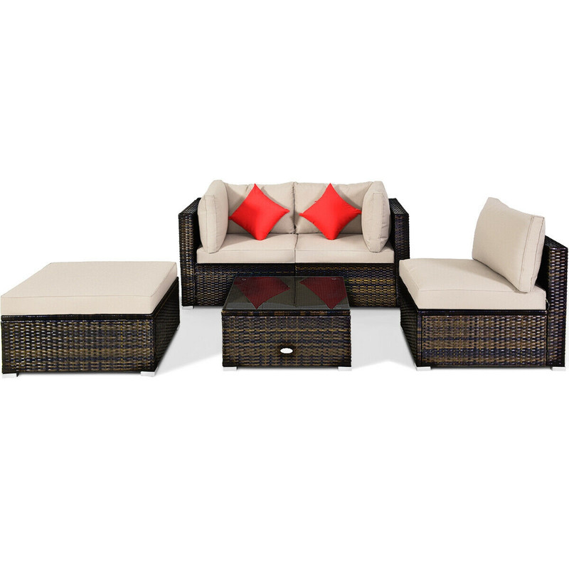 5Piece Outdoor Patio Rattan Furniture Set Sectional Conversation Set With Cushions  Coffee Table 5