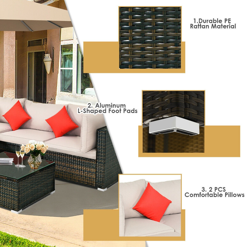 5Piece Outdoor Patio Rattan Furniture Set Sectional Conversation Set With Cushions  Coffee Table 4