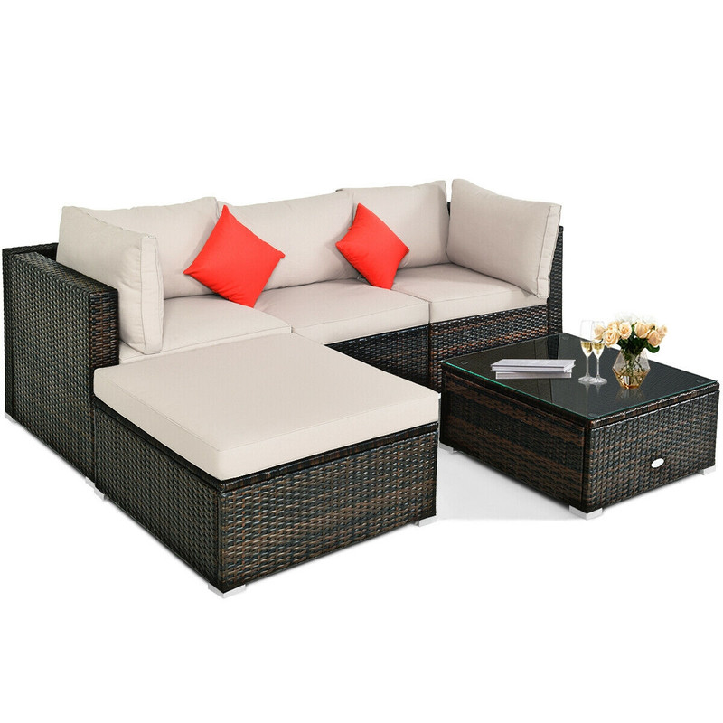 5Piece Outdoor Patio Rattan Furniture Set Sectional Conversation Set With Cushions  Coffee Table 7