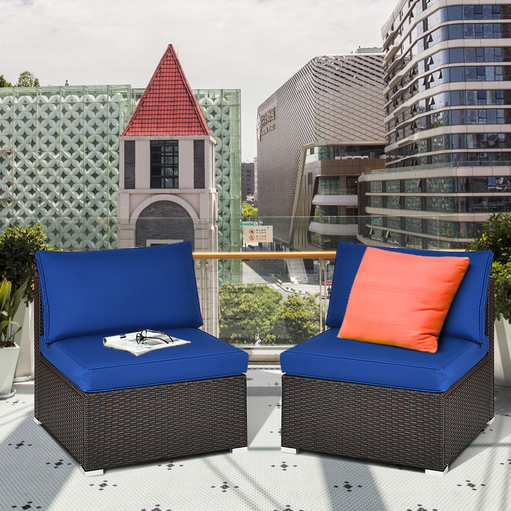2Piece Patio Rattan Armless Sofa Set With 2 Cushions  2 Pillows Outdoor Lounge Furniture 0