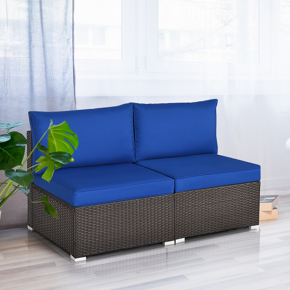 2Piece Patio Rattan Armless Sofa Set With 2 Cushions  2 Pillows Outdoor Lounge Furniture 1