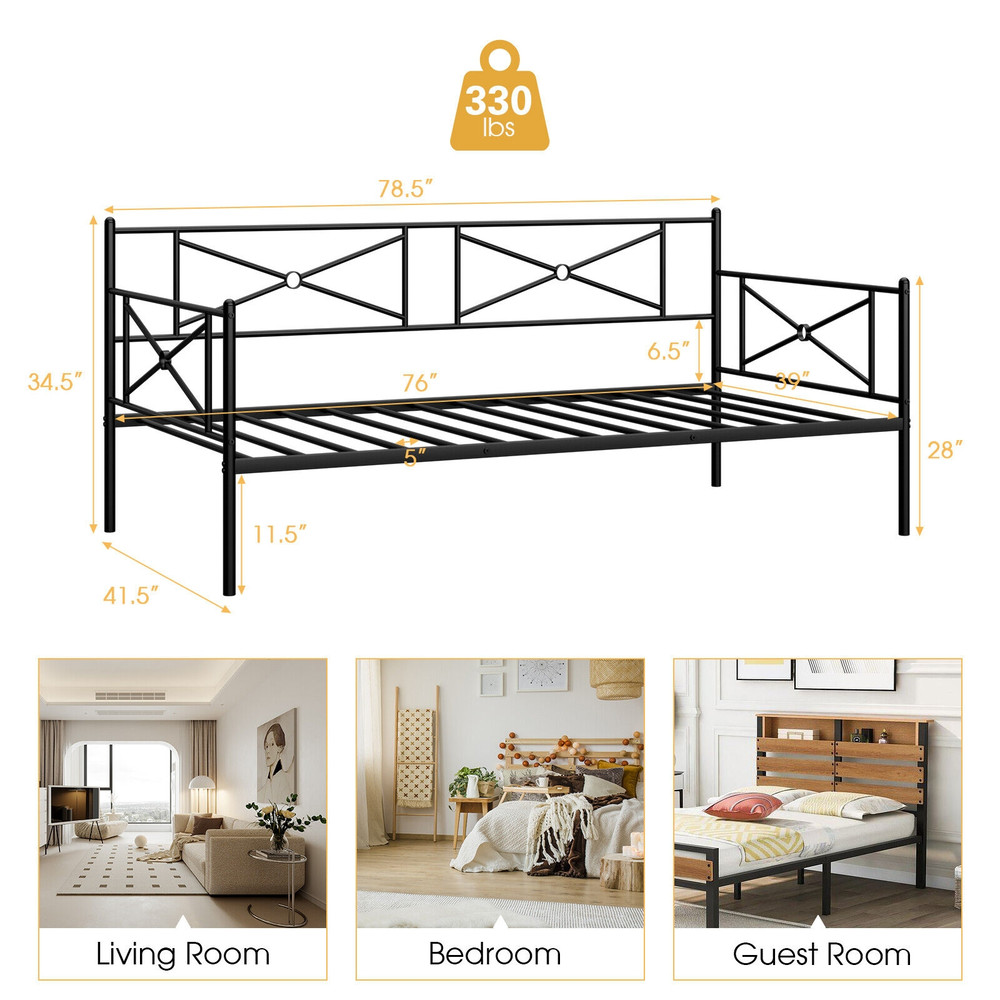 Sturdy Metal Daybed With Twin Bed Frame Stable Steel Slats  Multifunctional Sofa Bed 4