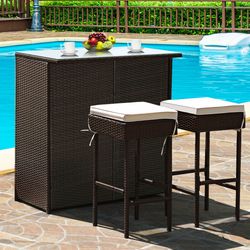 3-piece outdoor rattan wicker bar set with 2 cushioned stools, patio bistro dining furniture