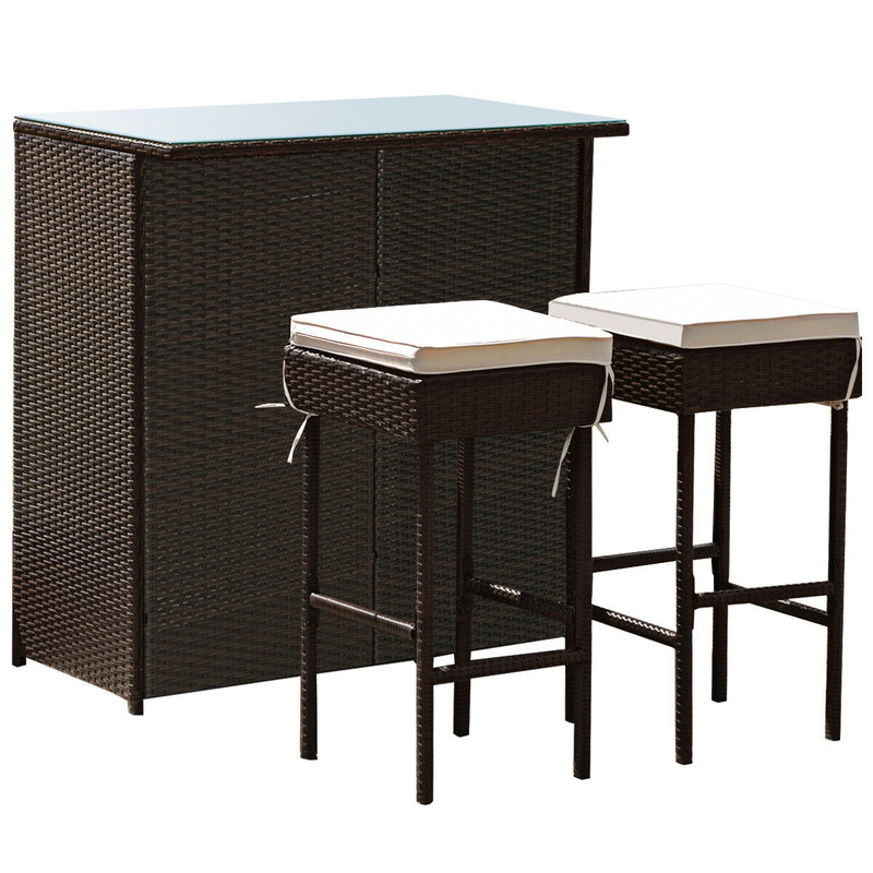 3Piece Outdoor Rattan Wicker Bar Set With 2 Cushioned Stools Patio Bistro Dining Furniture 6