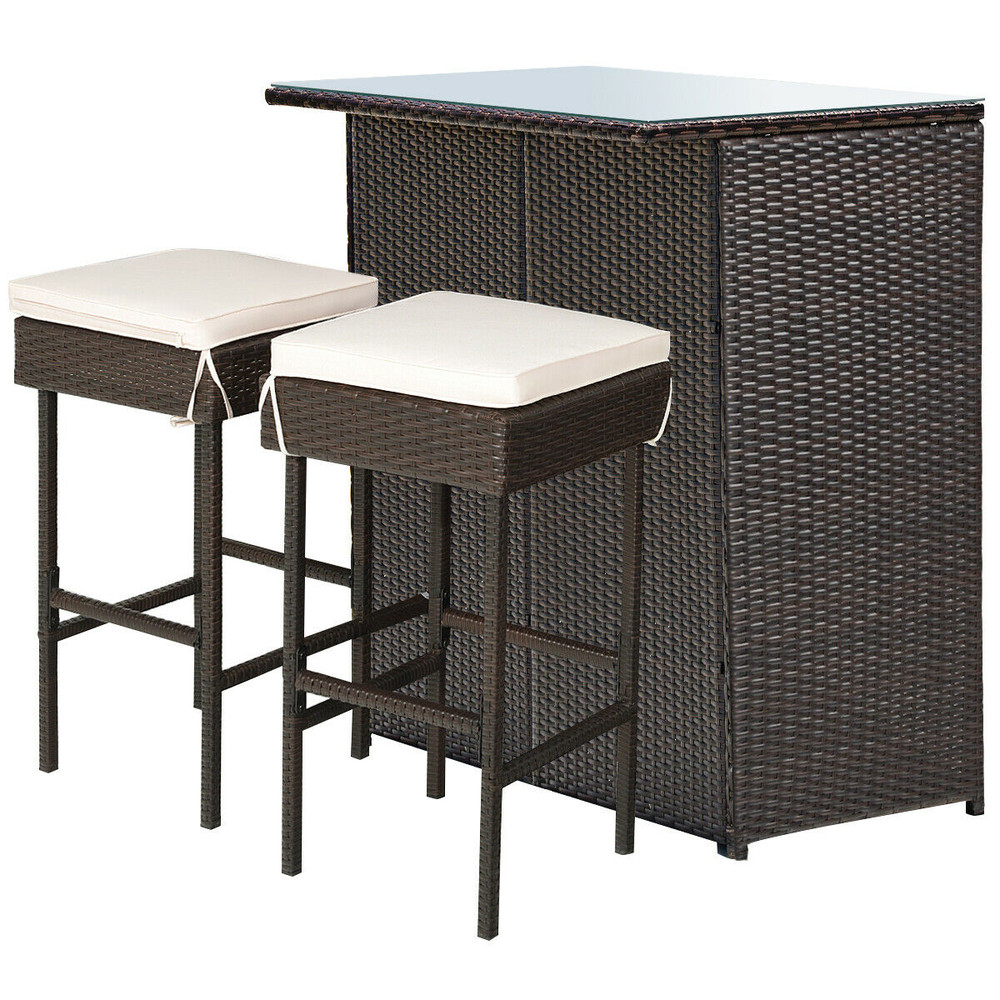 3Piece Outdoor Rattan Wicker Bar Set With 2 Cushioned Stools Patio Bistro Dining Furniture 7