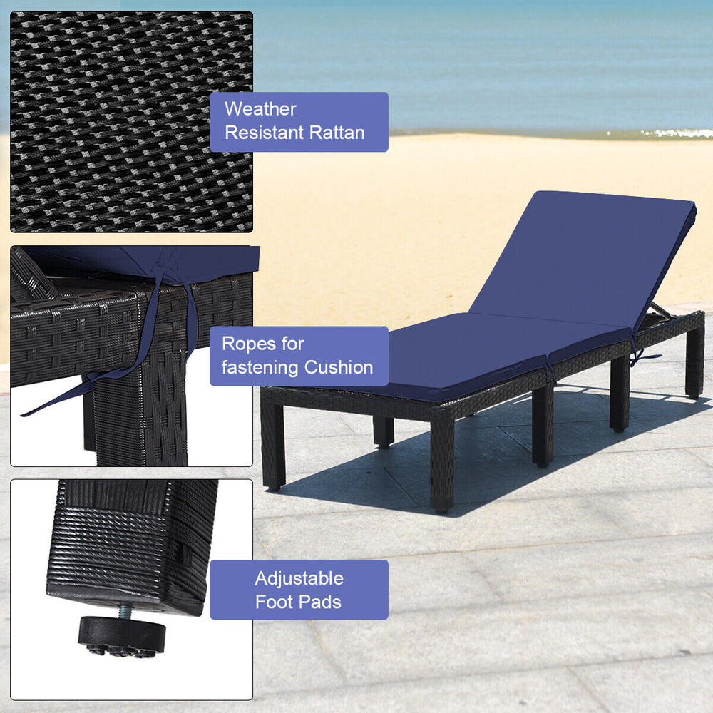 Adjustable Lounge Chair With Cushion Cover Patio Rattan Recliner For Poolside Garden  Outdoor Relax 4