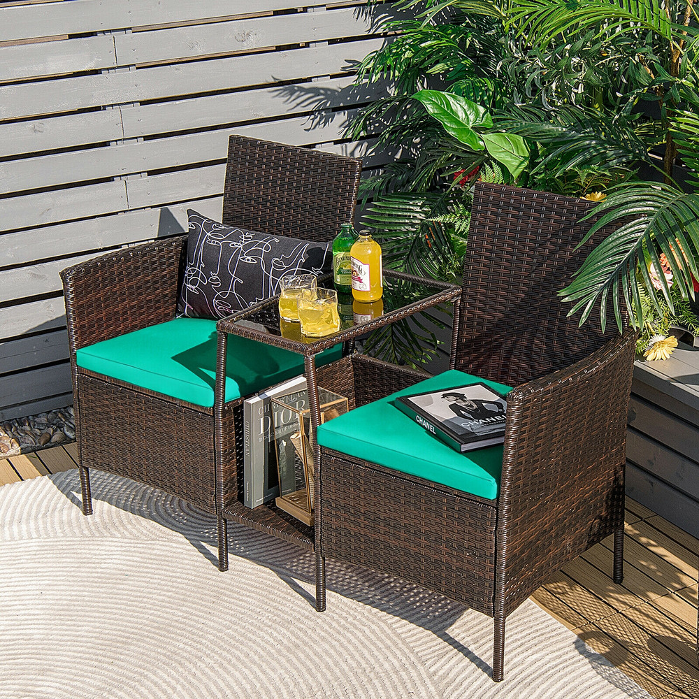 Rattan Patio Conversation Set with Cushioned Loveseat & Glass Table, Outdoor Wicker Sofa Set