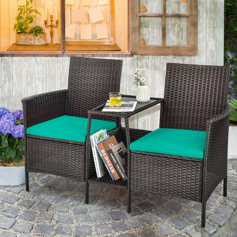 Rattan Patio Conversation Set with Cushioned Loveseat & Glass Table, Outdoor Wicker Sofa Set