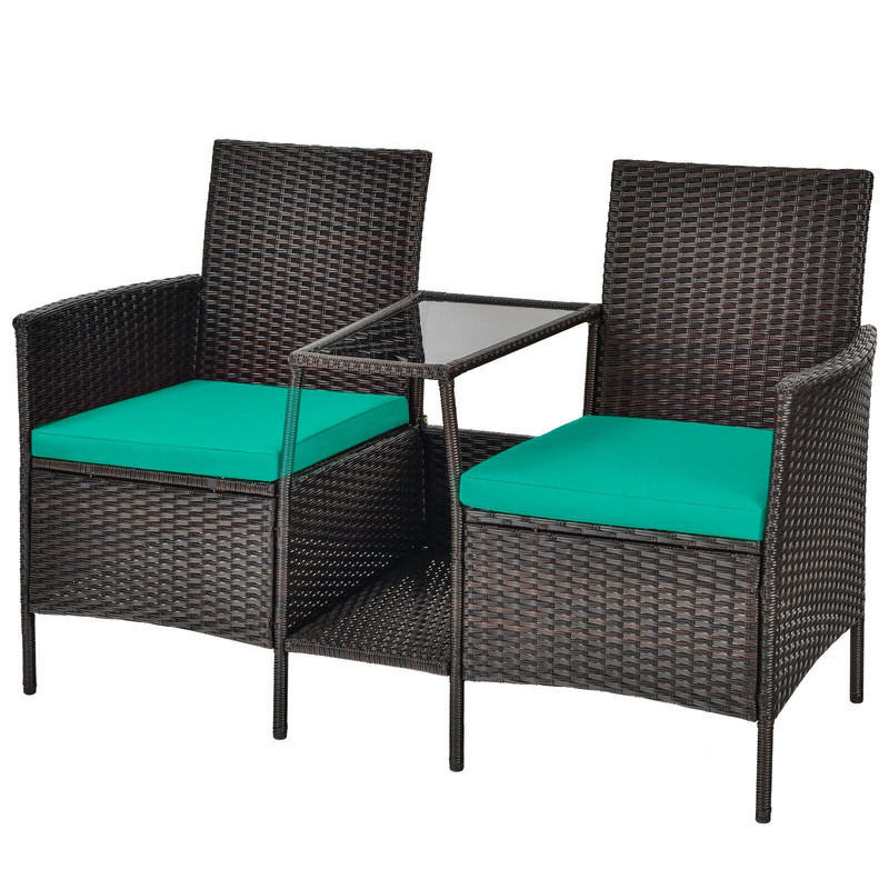 Rattan Patio Conversation Set with Cushioned Loveseat & Glass Table, Outdoor Wicker Sofa Set