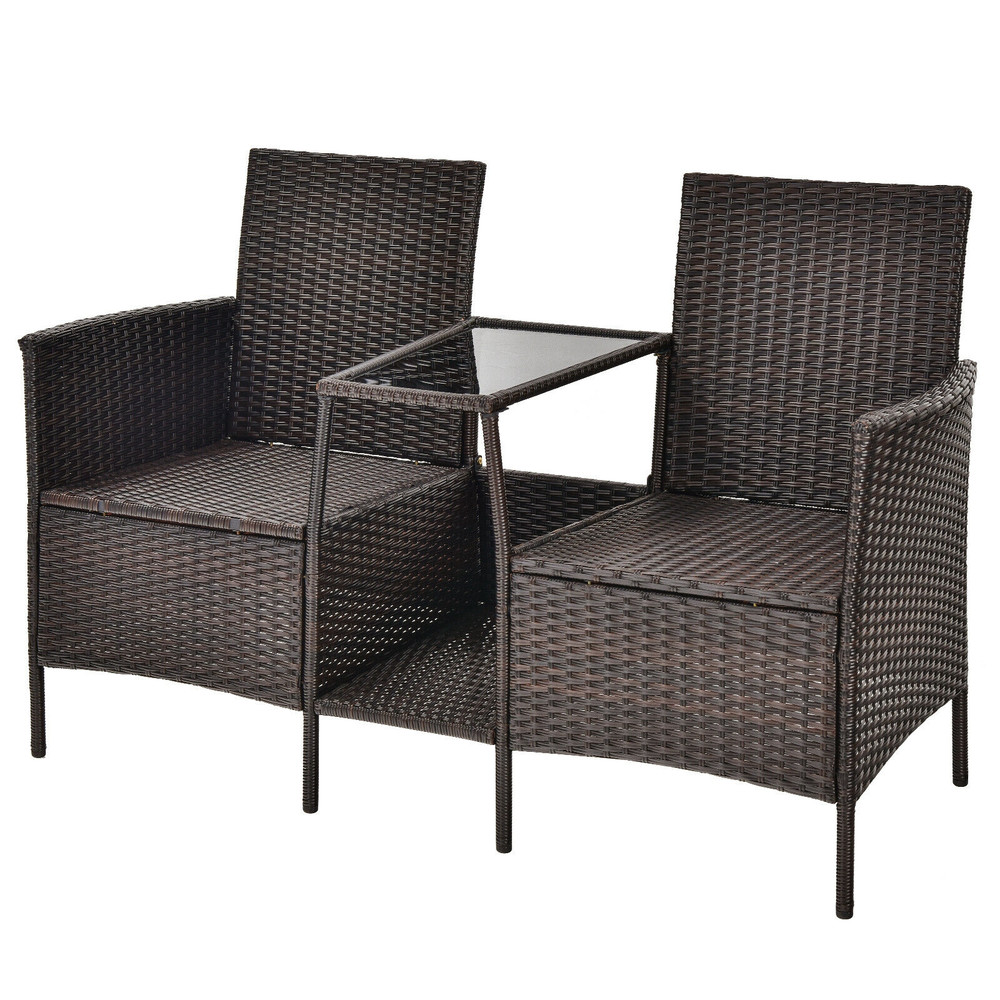 Rattan Patio Conversation Set with Cushioned Loveseat & Glass Table, Outdoor Wicker Sofa Set