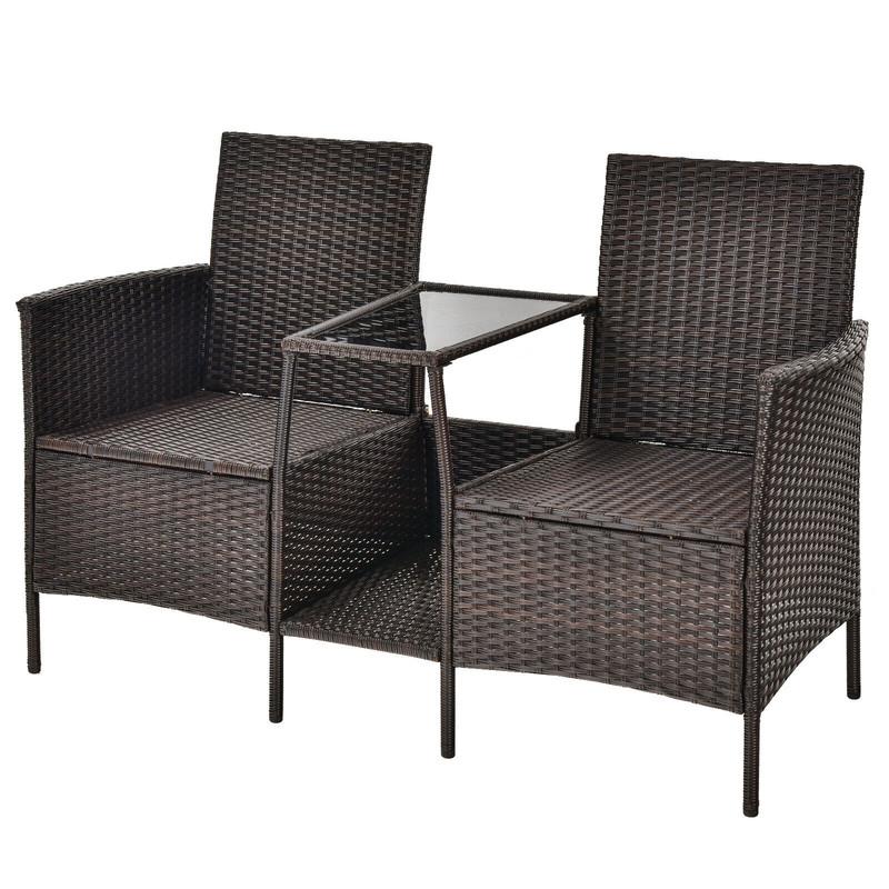 Rattan Patio Conversation Set with Cushioned Loveseat & Glass Table, Outdoor Wicker Sofa Set
