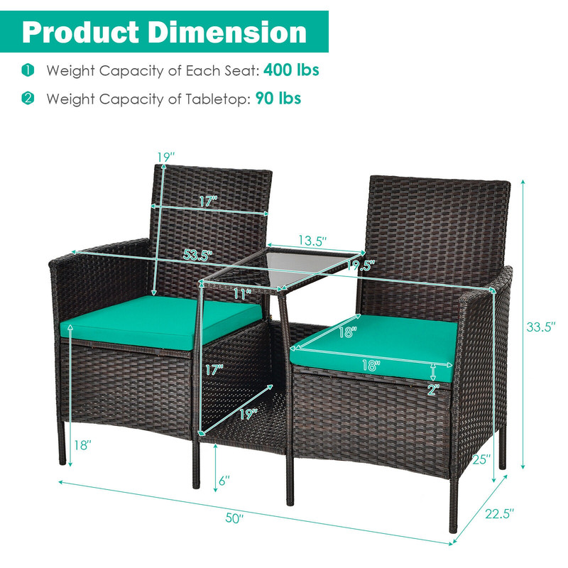 Rattan Patio Conversation Set with Cushioned Loveseat & Glass Table, Outdoor Wicker Sofa Set