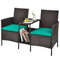 Rattan Patio Conversation Set with Cushioned Loveseat & Glass Table, Outdoor Wicker Sofa Set