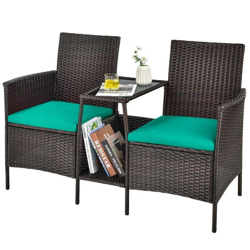 Rattan Patio Conversation Set with Cushioned Loveseat & Glass Table, Outdoor Wicker Sofa Set