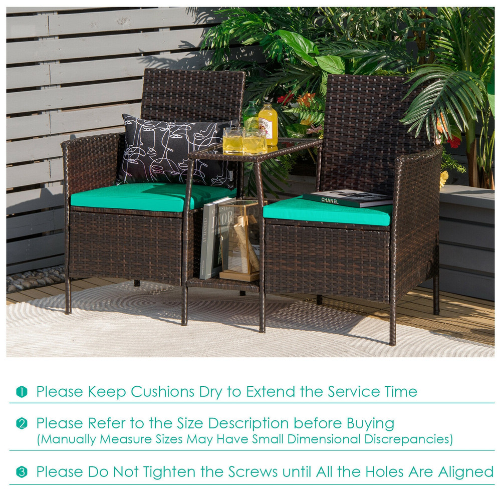 Rattan Patio Conversation Set with Cushioned Loveseat & Glass Table, Outdoor Wicker Sofa Set