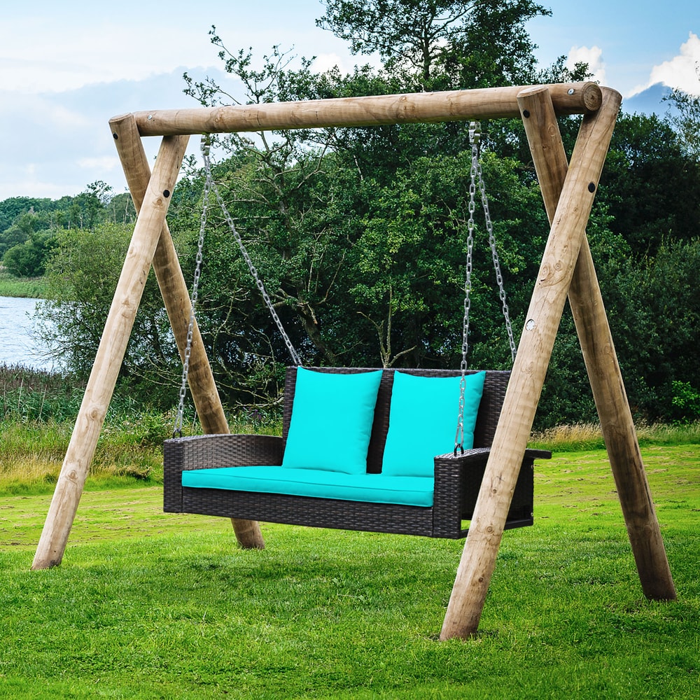 Outdoor 2Person Porch Swing Wicker Hanging Swing With Cushions Seat 2 Back Cushions 1