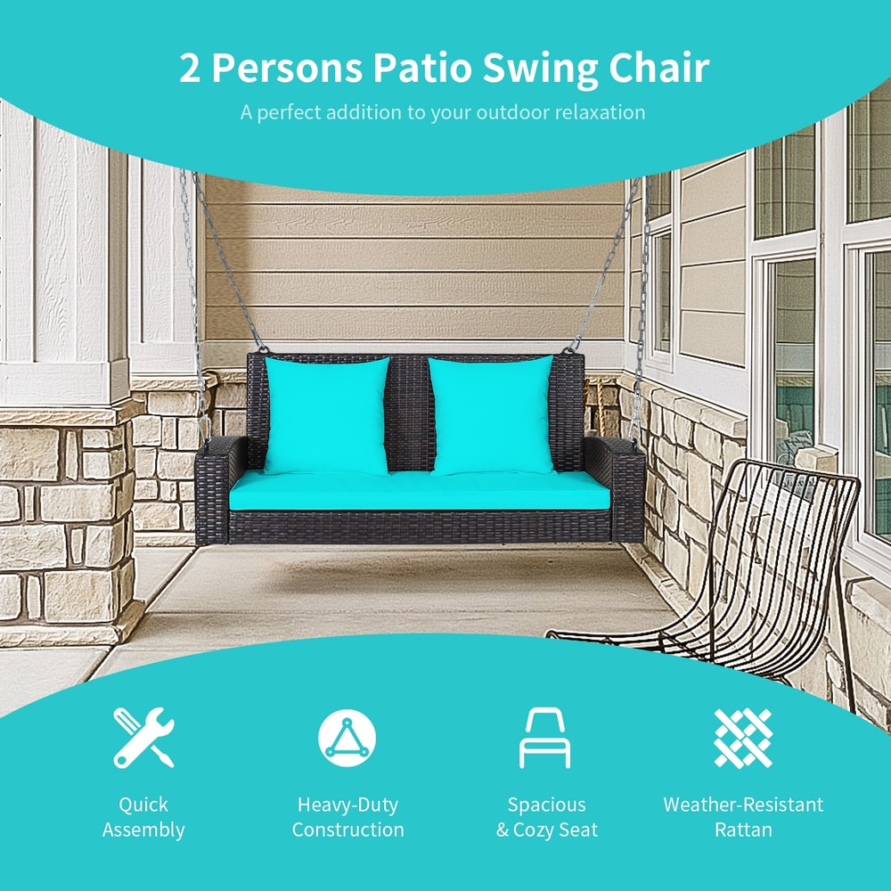 Outdoor 2Person Porch Swing Wicker Hanging Swing With Cushions Seat 2 Back Cushions 2