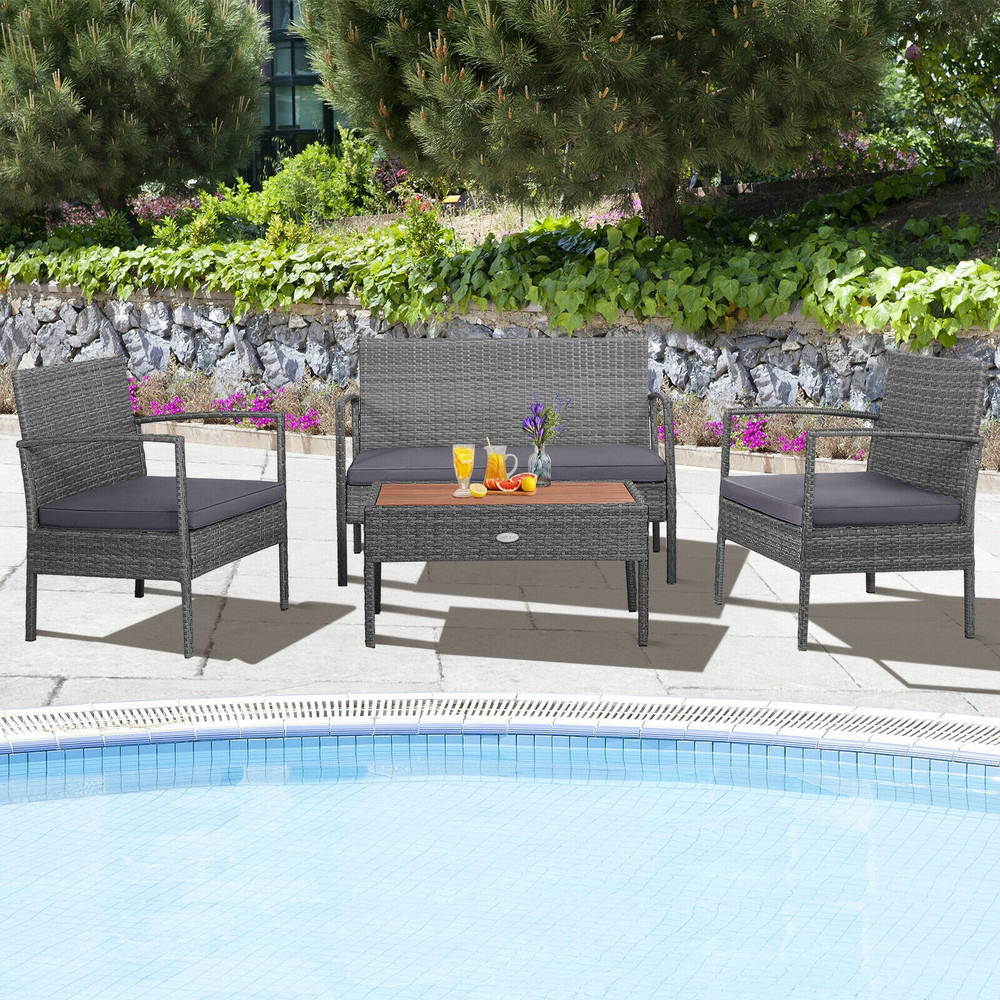 Elegant 4Piece Rattan Patio Furniture Set Acacia Wood Tabletop  WeatherResistant Wicker Design 1