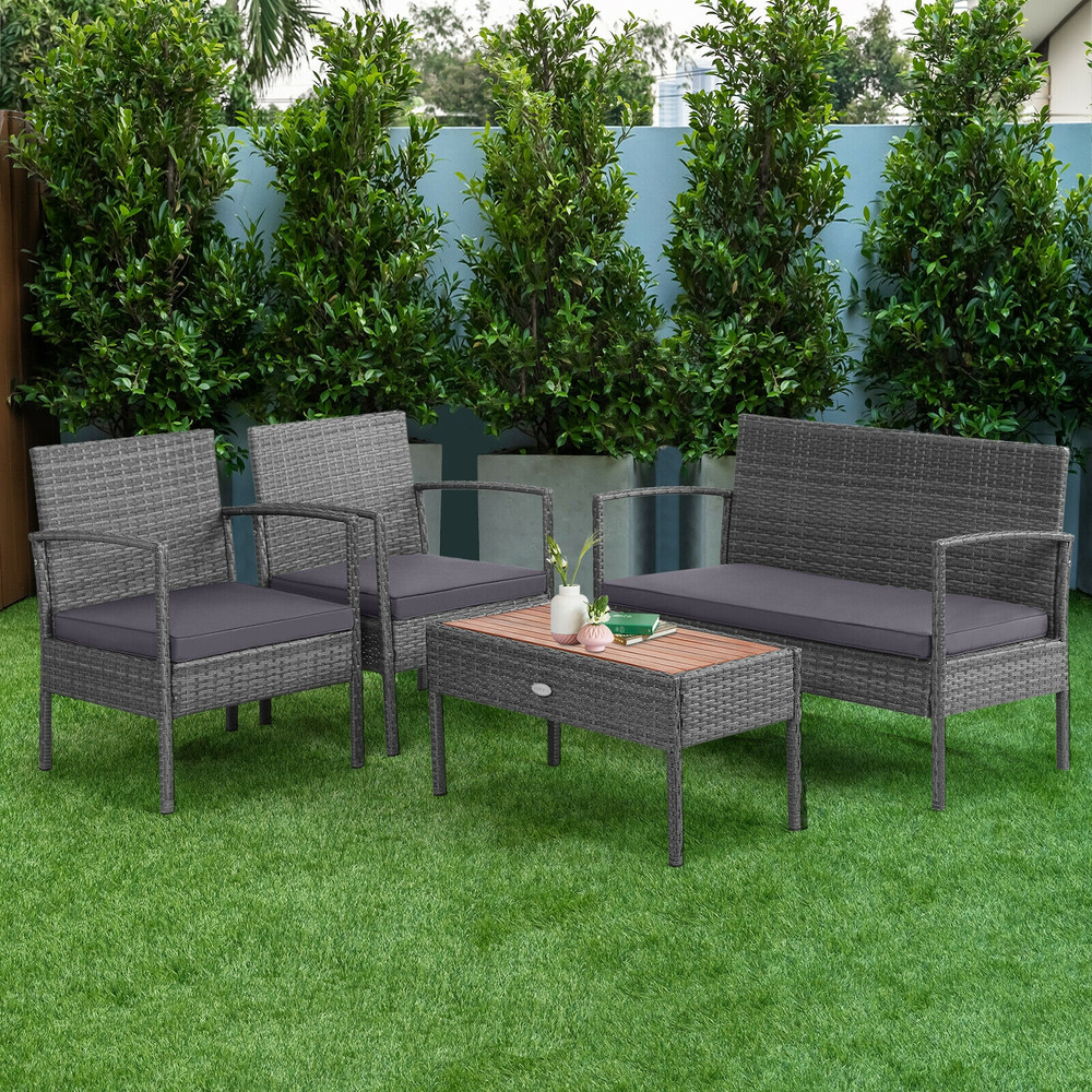 Elegant 4Piece Rattan Patio Furniture Set Acacia Wood Tabletop  WeatherResistant Wicker Design 0