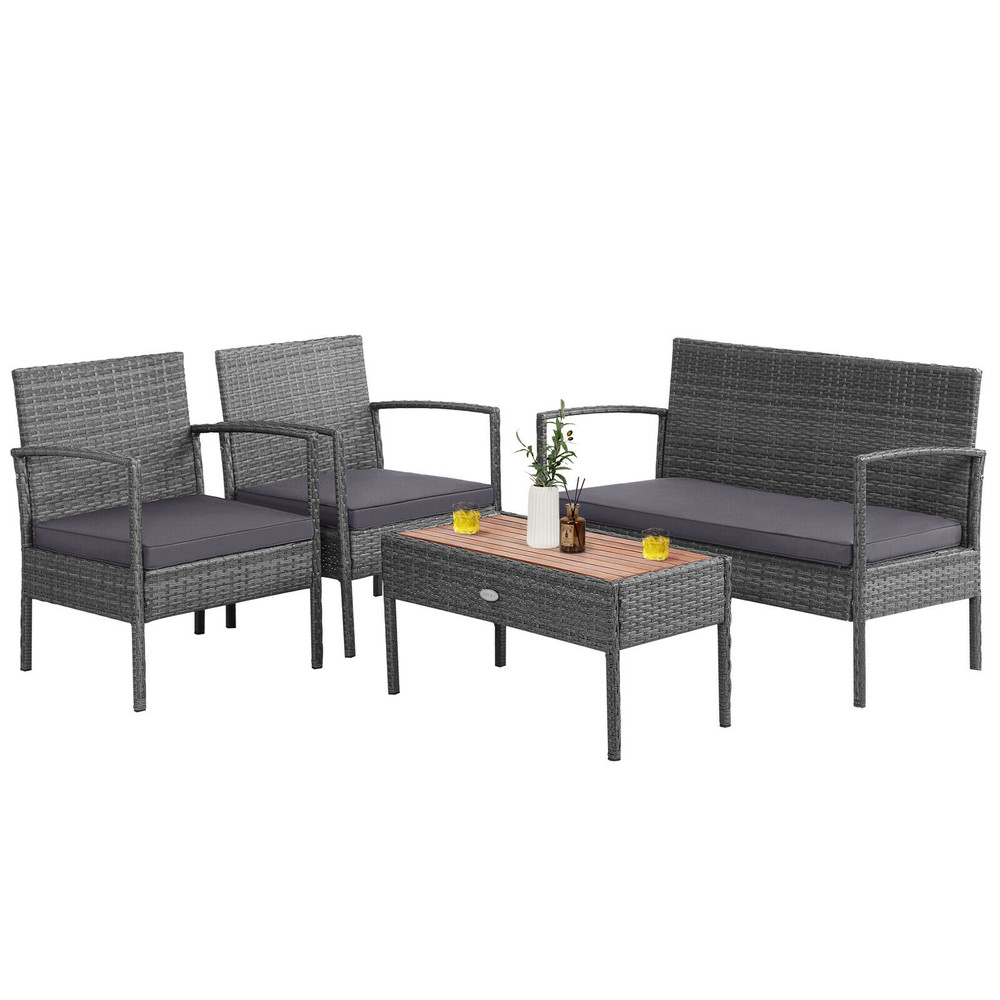 Elegant 4Piece Rattan Patio Furniture Set Acacia Wood Tabletop  WeatherResistant Wicker Design 5