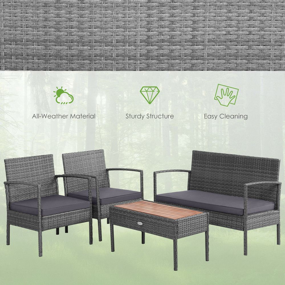 Elegant 4Piece Rattan Patio Furniture Set Acacia Wood Tabletop  WeatherResistant Wicker Design 7