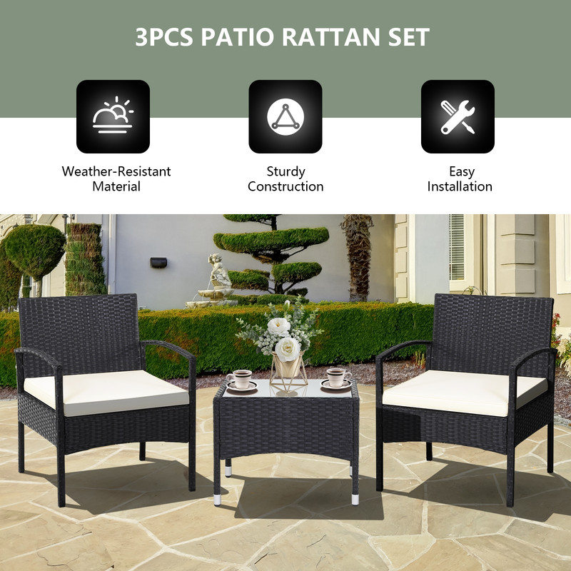 3Piece Patio Wicker Rattan Furniture Set With Cushions Outdoor Bistro Set For Lawn Backyard 7
