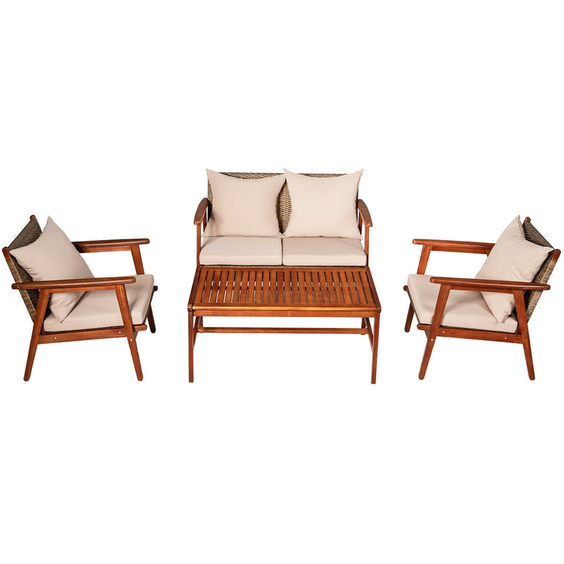 Acacia Wood  Rattan 4Piece Patio Furniture Set Thick Zippered Cushions Included 6
