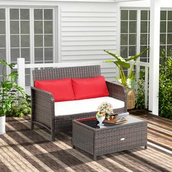 cozy 2-piece wicker loveseat set & tempered glass coffee table, durable outdoor seating