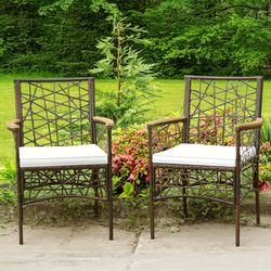 pe wicker patio dining chairs (set of 2), acacia wood armrests & soft cushions for outdoor comfort