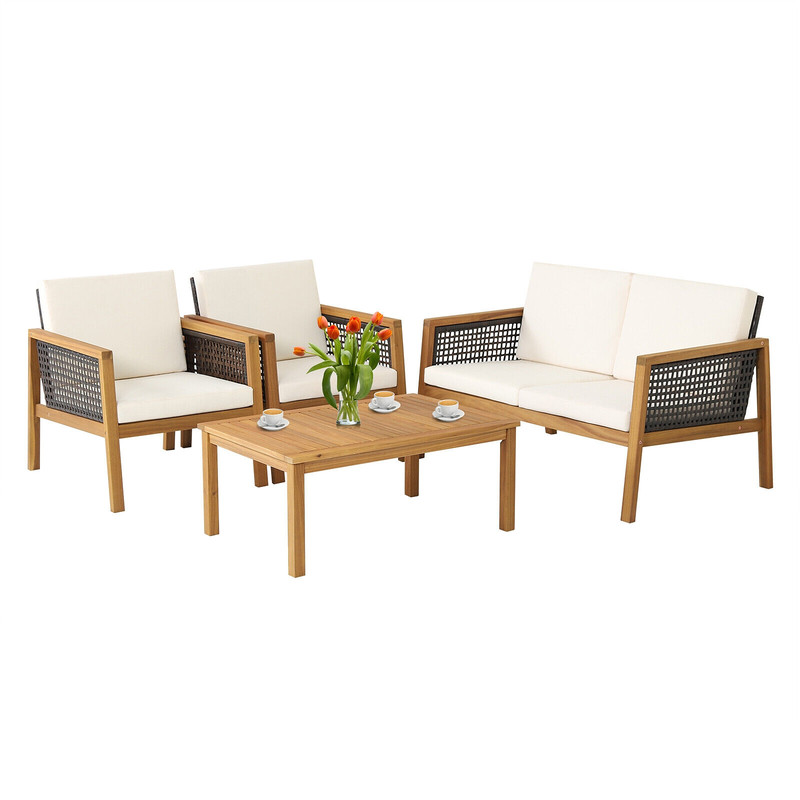 4-Piece Patio Rattan Furniture Set with Removable Cushions – Acacia Wood Outdoor Conversation Set